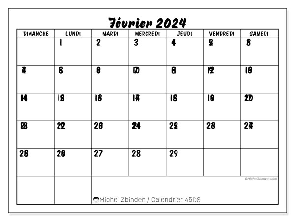 Calendrier février 2024 “45”. Programme à imprimer gratuit.. Dimanche à samedi