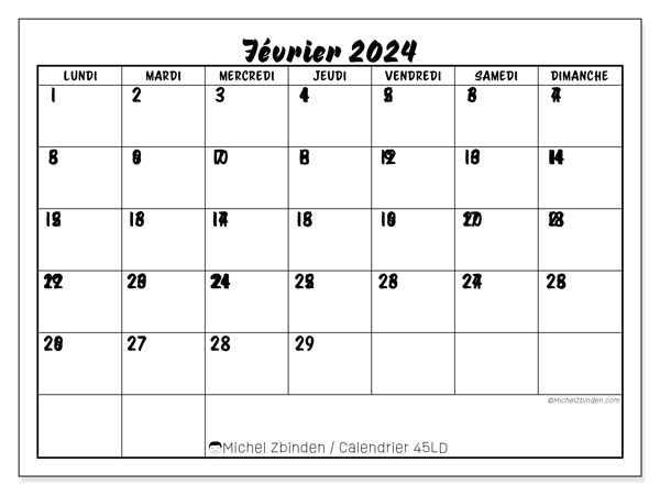 Calendrier février 2024, 45DS. Planning à imprimer gratuit.