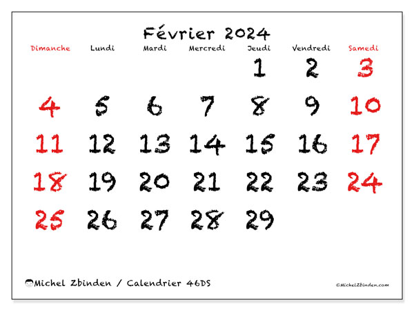 Calendrier février 2024, 46DS, prêt à imprimer et gratuit.