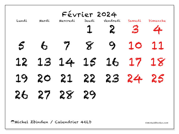 46LD, calendrier février 2024, pour imprimer, gratuit.