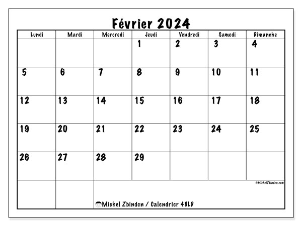 Calendrier février 2024, 48LD. Planning à imprimer gratuit.