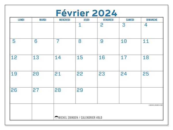 Calendrier février 2024 “49”. Calendrier à imprimer gratuit.