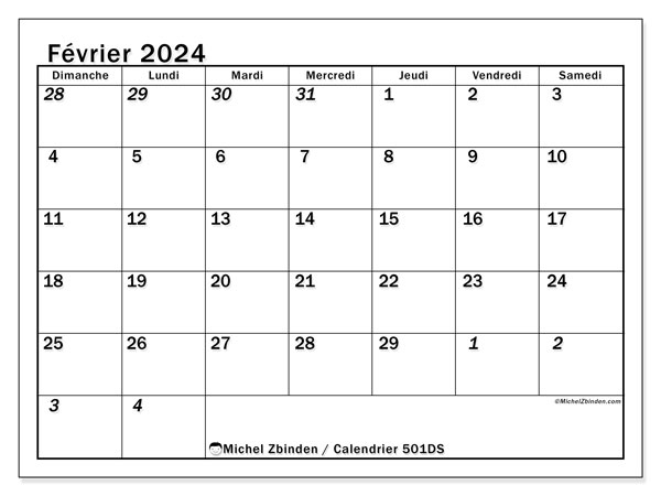501DS, calendrier février 2024, pour imprimer, gratuit.