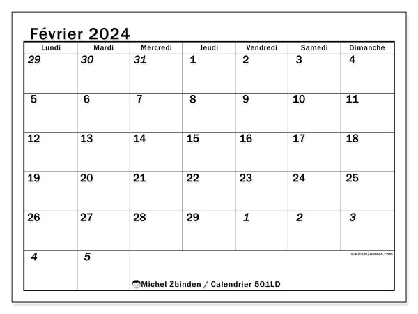 Calendrier février 2024, 501DS. Planning à imprimer gratuit.