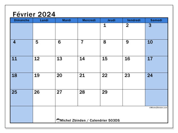 Calendrier février 2024 “504”. Planning à imprimer gratuit.. Dimanche à samedi