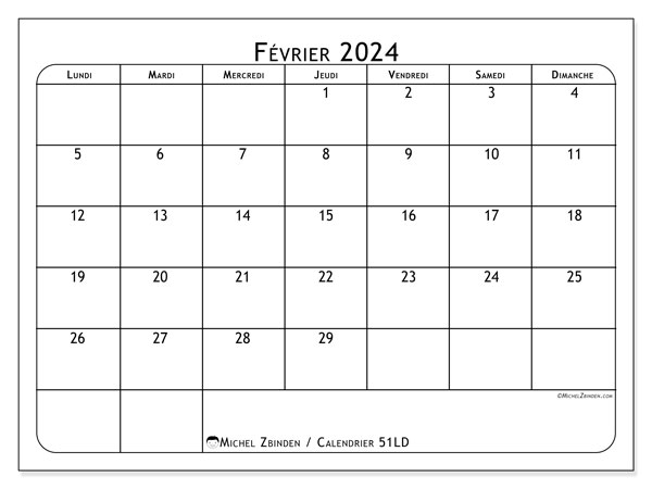 Calendrier février 2024, 51DS. Planning à imprimer gratuit.