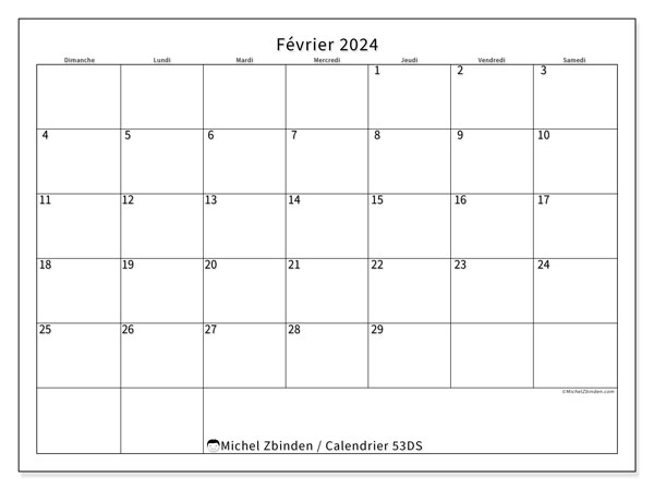 Calendrier février 2024 “53”. Calendrier à imprimer gratuit.