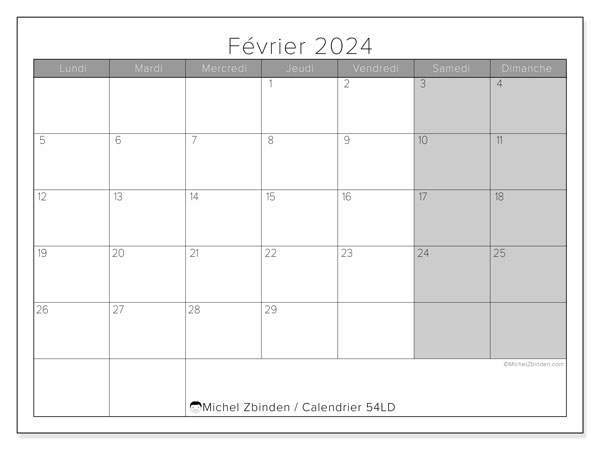Calendrier février 2024, 54DS. Planning à imprimer gratuit.