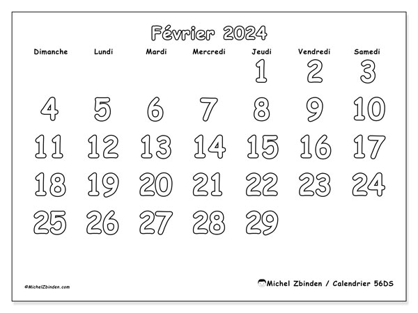 Calendrier février 2024 “56”. Calendrier à imprimer gratuit.