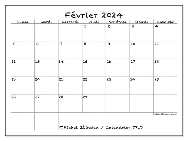 Calendrier février 2024 “77”. Calendrier à imprimer gratuit.