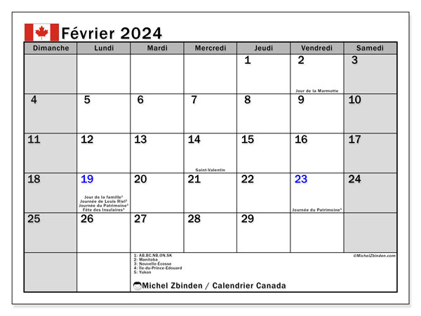 Kalenteri helmikuu 2024, Kanada (FR). Ilmainen tulostettava kalenteri.