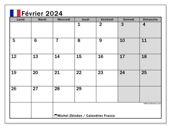 Calendrier février 2024, France (FR), prêt à imprimer et gratuit.
