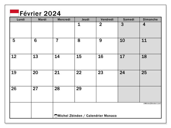 Calendário Fevereiro 2024, Mónaco (FR). Programa gratuito para impressão.