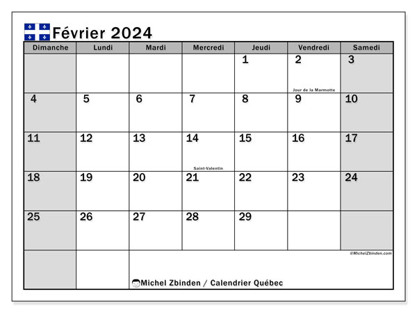 Calendar februarie 2024, Quebec (FR). Plan pentru imprimare gratuit.
