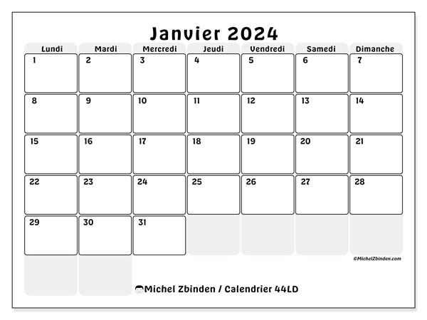 Calendrier janvier 2024 “44”. Planning à imprimer gratuit.. Lundi à dimanche