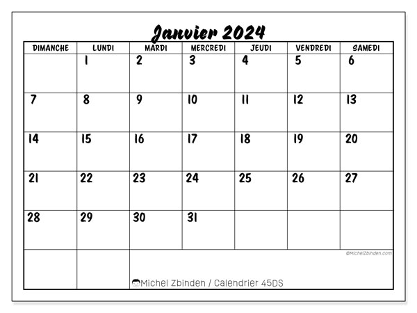 Calendrier janvier 2024, 45DS, prêt à imprimer et gratuit.