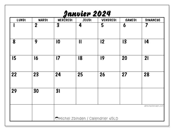Calendrier janvier 2024, 45LD, prêt à imprimer et gratuit.
