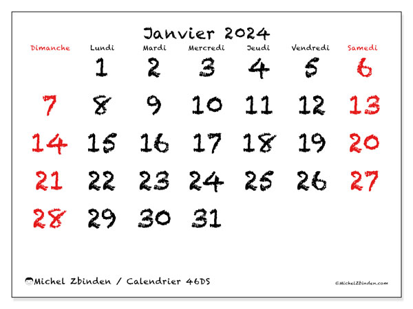 Calendrier janvier 2024 “46”. Calendrier à imprimer gratuit.