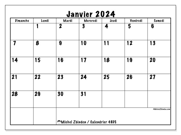 Calendrier janvier 2024, 48DS, prêt à imprimer et gratuit.