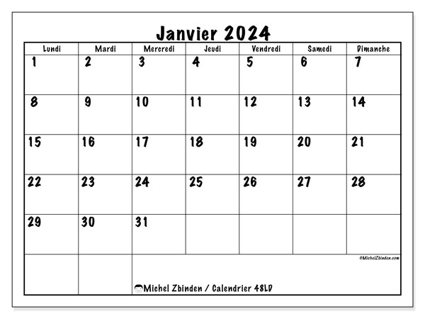 Calendrier janvier 2024, 48LD, prêt à imprimer et gratuit.