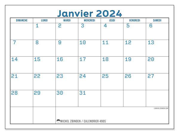 Calendrier janvier 2024 “49”. Calendrier à imprimer gratuit.. Dimanche à samedi