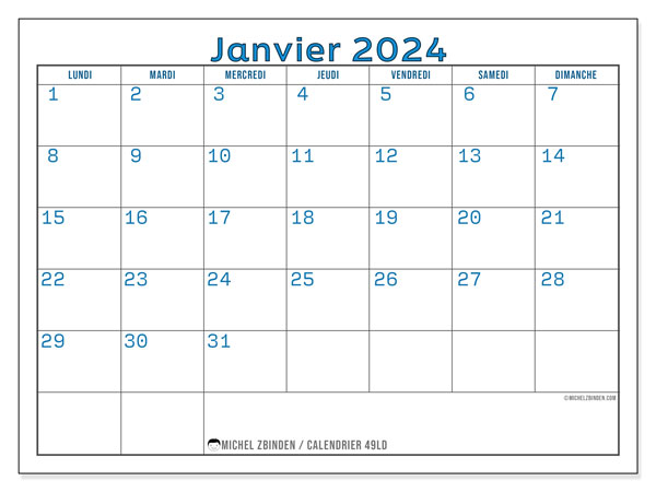 Calendrier janvier 2024 “49”. Calendrier à imprimer gratuit.