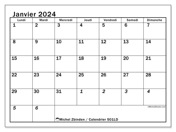 Calendrier janvier 2024, 501LD, prêt à imprimer et gratuit.