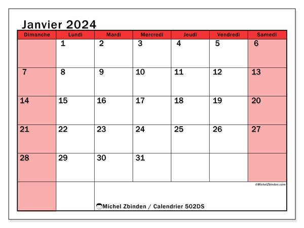 Calendrier janvier 2024 “502”. Calendrier à imprimer gratuit.