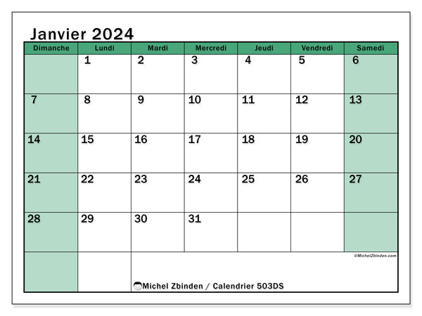 503DS, calendrier janvier 2024, pour imprimer, gratuit.