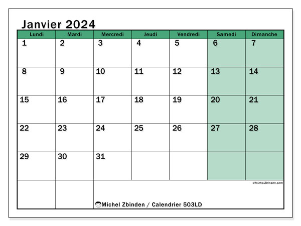Calendrier janvier 2024 “503”. Plan à imprimer gratuit.. Lundi à dimanche