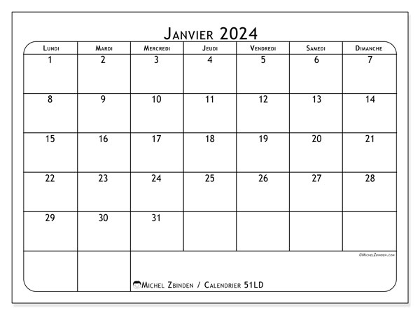 Calendrier janvier 2024, 51LD, prêt à imprimer et gratuit.