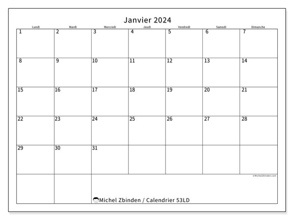 53LD, calendrier janvier 2024, pour imprimer, gratuit.