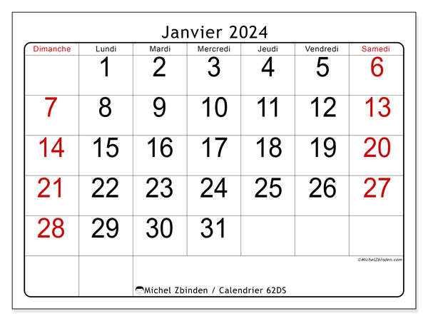 Calendrier janvier 2024 “62”. Calendrier à imprimer gratuit.