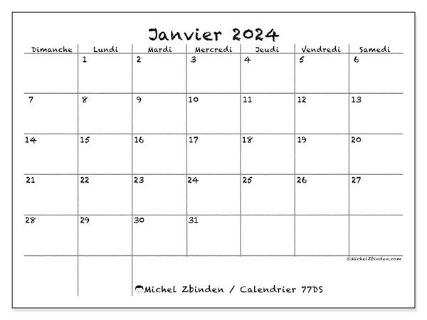 Calendrier janvier 2024 “77”. Programme à imprimer gratuit.. Dimanche à samedi