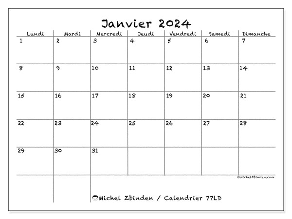 Calendrier janvier 2024 “77”. Calendrier à imprimer gratuit.