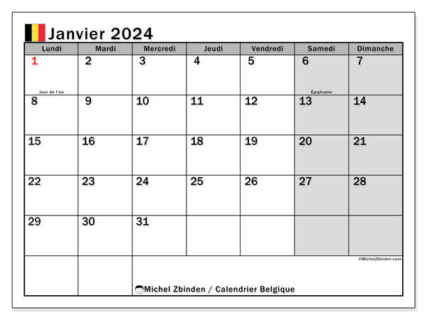 Calendario gennaio 2024, Belgio (FR). Piano da stampare gratuito.
