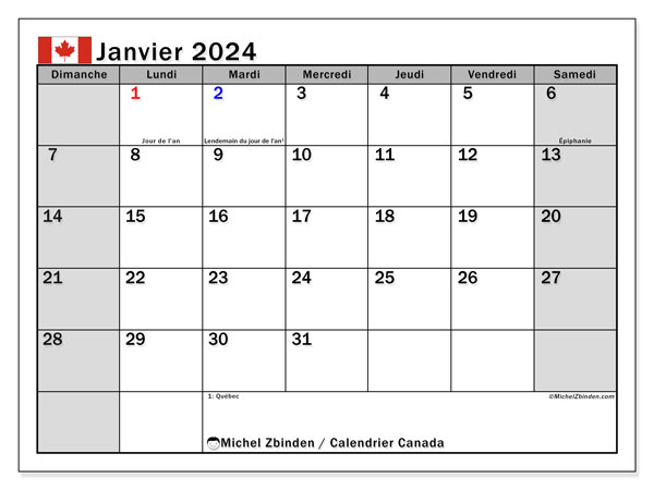 Calendário Janeiro 2024, Canadá (FR). Horário gratuito para impressão.