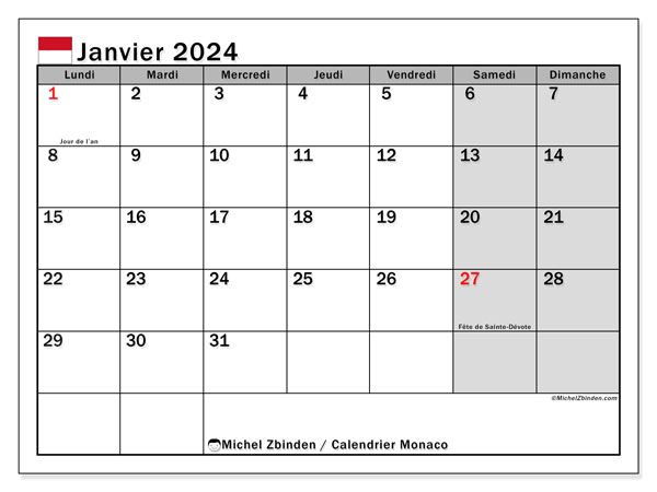 Calendrier janvier 2024, Monaco, prêt à imprimer et gratuit.