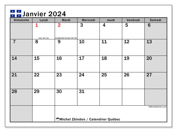 Calendário Janeiro 2024, Quebeque (FR). Horário gratuito para impressão.