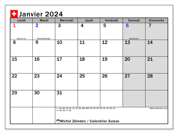 Calendrier janvier 2024, Suisse, prêt à imprimer et gratuit.