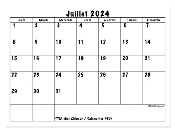 Calendrier juillet 2024, 48LD. Planning à imprimer gratuit.