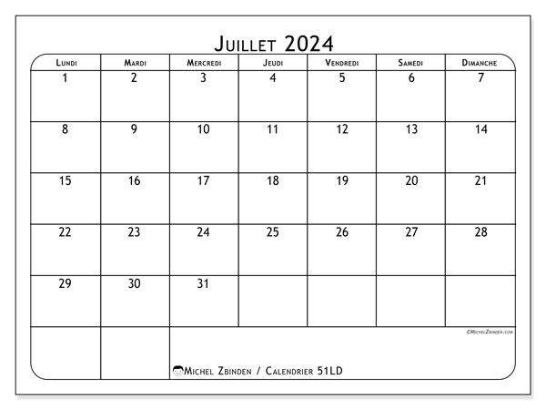 Calendrier juillet 2024, 51DS. Planning à imprimer gratuit.