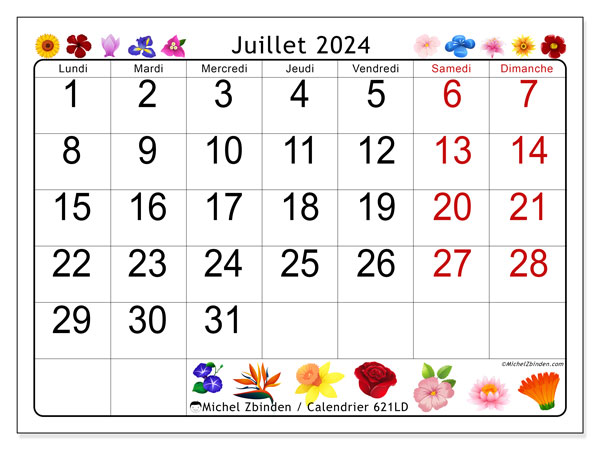 Calendrier juillet 2024 “621”. Journal à imprimer gratuit.. Lundi à dimanche