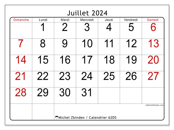 Calendrier juillet 2024 “62”. Plan à imprimer gratuit.. Dimanche à samedi