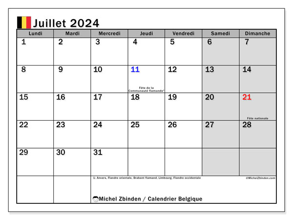 Calendar iulie 2024, Belgia (FR). Program imprimabil gratuit.