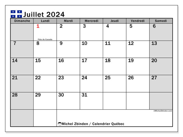 Québec, calendrier juillet 2024, pour imprimer, gratuit.