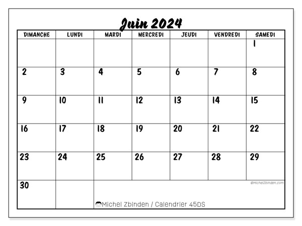 Calendrier juin 2024, 45DS. Planning à imprimer gratuit.
