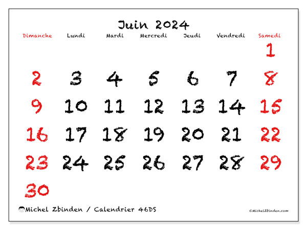 Calendrier juin 2024 “46”. Planning à imprimer gratuit.. Dimanche à samedi