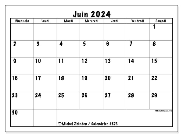 Calendrier juin 2024 “48”. Programme à imprimer gratuit.. Dimanche à samedi