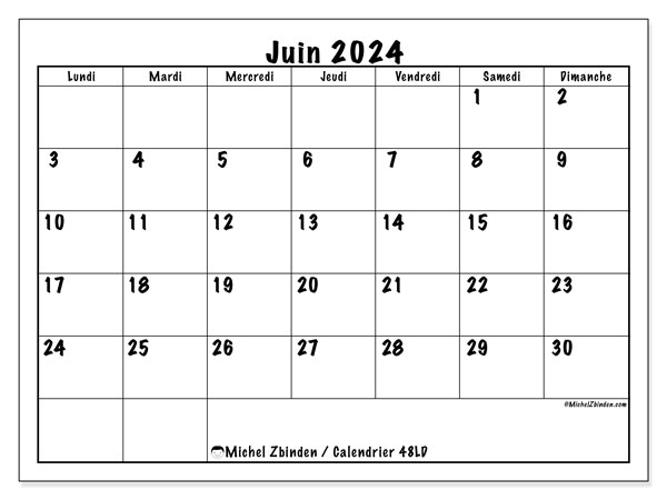 Calendrier juin 2024 “48”. Programme à imprimer gratuit.. Lundi à dimanche